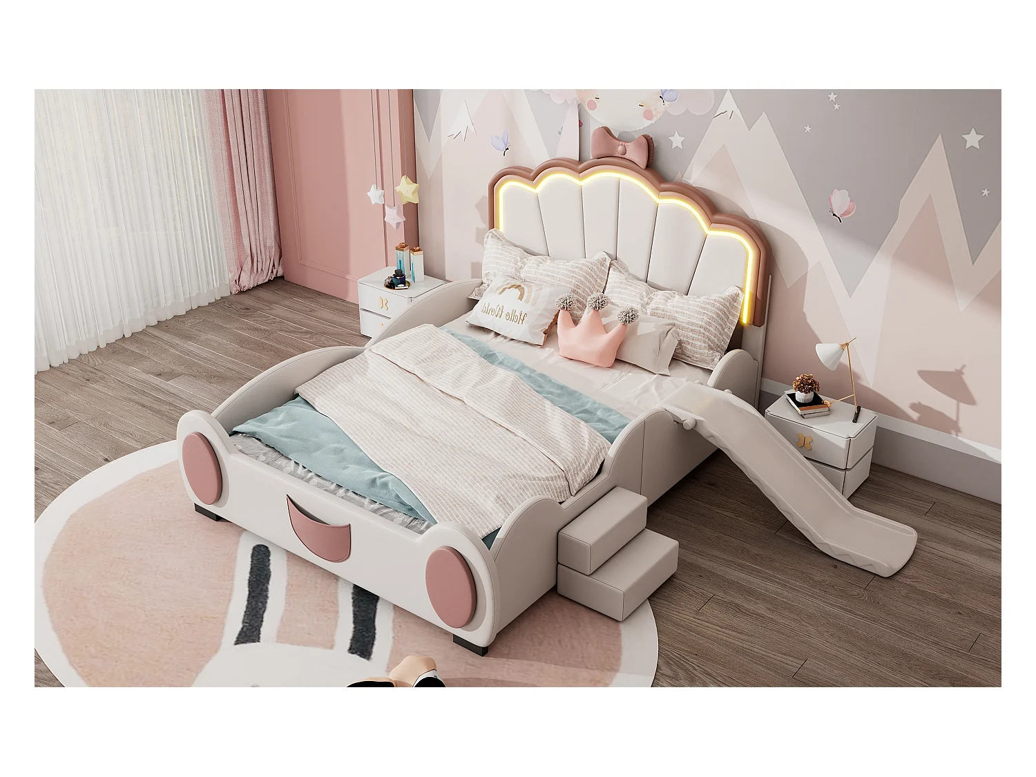 Lit enfant 140x200 cm papillon rose et blanc, en PU, avec toboggan, échelle et éclairage LED multicolore à télécommande