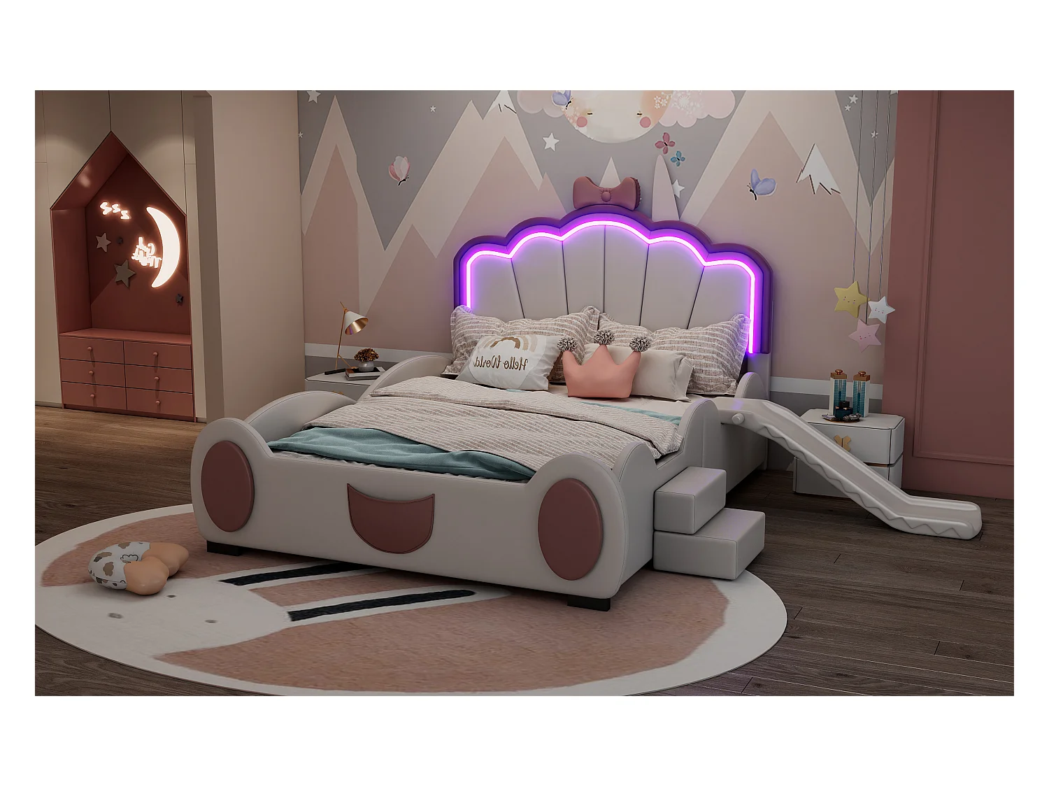 Lit enfant 140x200 cm papillon rose et blanc, en PU, avec toboggan, échelle et éclairage LED multicolore à télécommande
