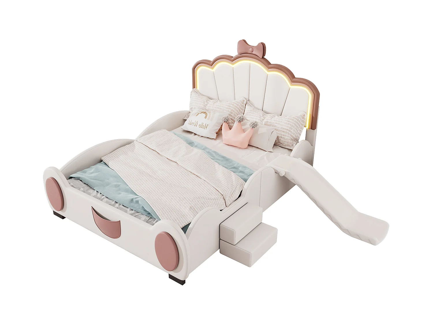 Lit enfant 140x200 cm papillon rose et blanc, en PU, avec toboggan, échelle et éclairage LED multicolore à télécommande