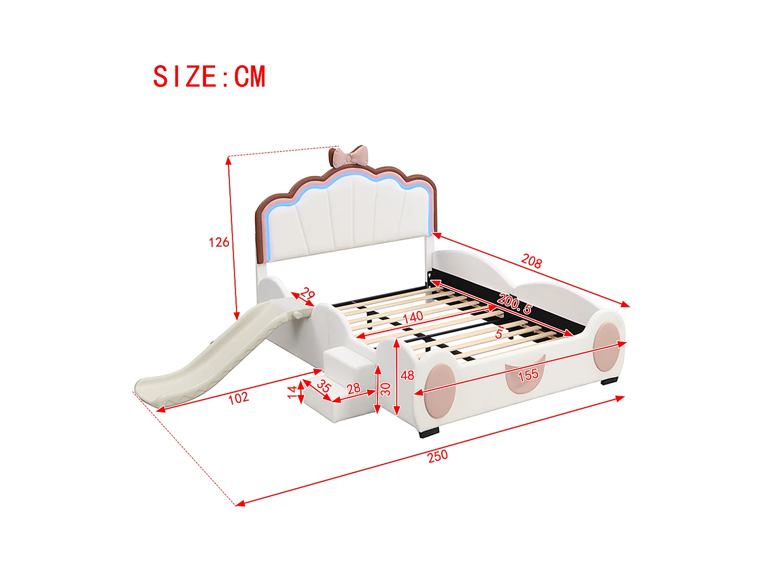 Lit enfant 140x200 cm papillon rose et blanc, en PU, avec toboggan, échelle et éclairage LED multicolore à télécommande