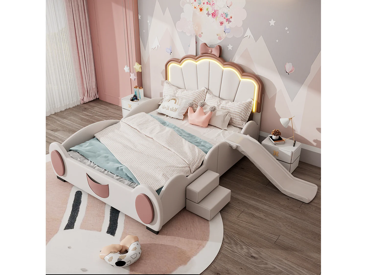 Lit enfant 140x200 cm papillon rose et blanc, en PU, avec toboggan, échelle et éclairage LED multicolore à télécommande