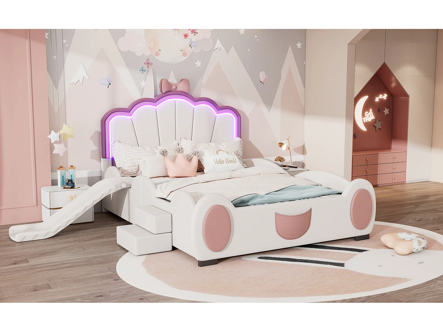 Lit enfant 140x200 cm papillon rose et blanc, en PU, avec toboggan, échelle et éclairage LED multicolore à télécommande