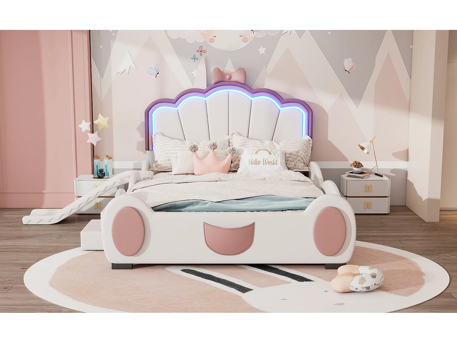 Lit enfant 140x200 cm papillon rose et blanc, en PU, avec toboggan, échelle et éclairage LED multicolore à télécommande