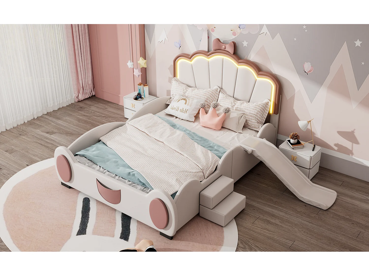 Lit enfant 140x200 cm papillon rose et blanc, en PU, avec toboggan, échelle et éclairage LED multicolore à télécommande