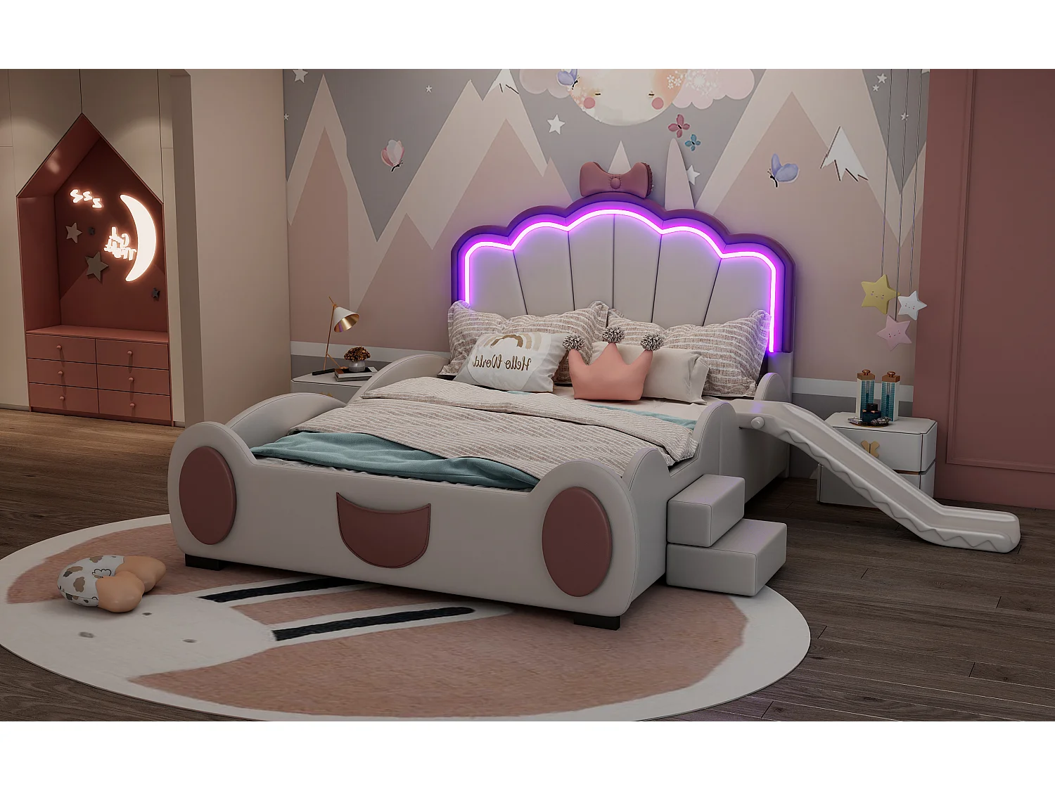 Lit enfant 140x200 cm papillon rose et blanc, en PU, avec toboggan, échelle et éclairage LED multicolore à télécommande