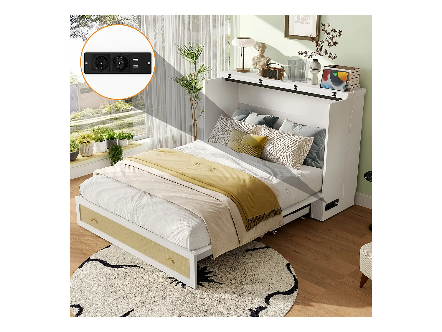 Lit coffre 140x200 cm, lit mobile avec tiroirs au pied et étagère au tête de lit, avec USB et prise, lit plateforme convertible, sans matelas, Blanc