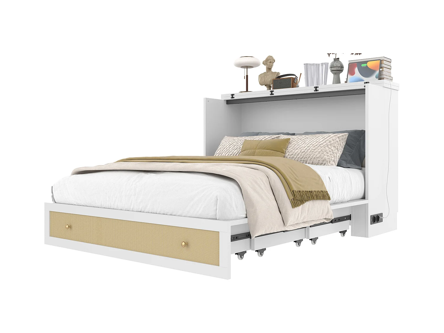 Lit coffre 140x200 cm, lit mobile avec tiroirs au pied et étagère au tête de lit, avec USB et prise, lit plateforme convertible, sans matelas, Blanc