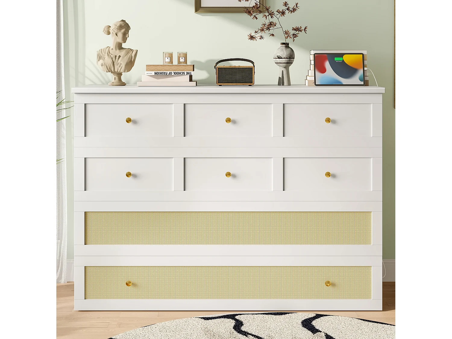 Lit coffre 140x200 cm, lit mobile avec tiroirs au pied et étagère au tête de lit, avec USB et prise, lit plateforme convertible, sans matelas, Blanc