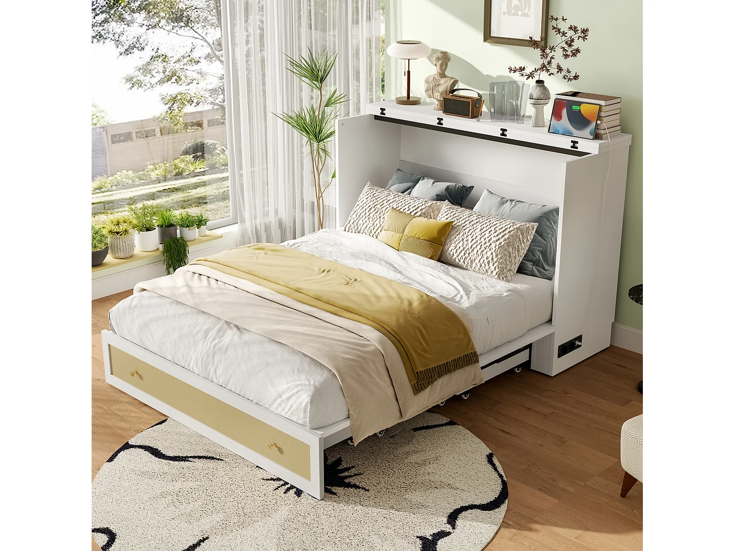 Lit coffre 140x200 cm, lit mobile avec tiroirs au pied et étagère au tête de lit, avec USB et prise, lit plateforme convertible, sans matelas, Blanc