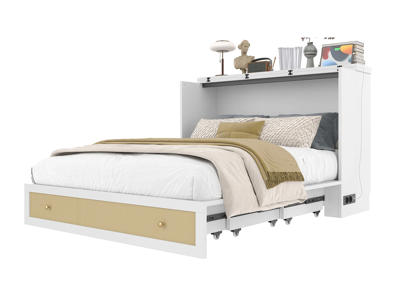 Lit coffre 140x200 cm, lit mobile avec tiroirs au pied et étagère au tête de lit, avec USB et prise, lit plateforme convertible, sans matelas, Blanc