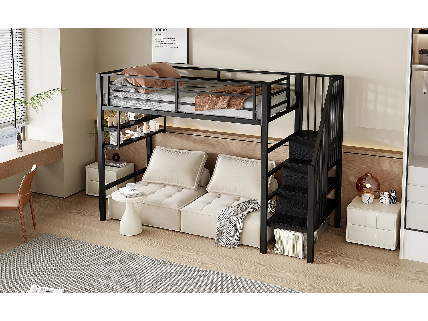 Lit mezzanine 90x200 cm en bois, avec étagères, échelle de rangement, espace libre dessous, garde-corps, noir