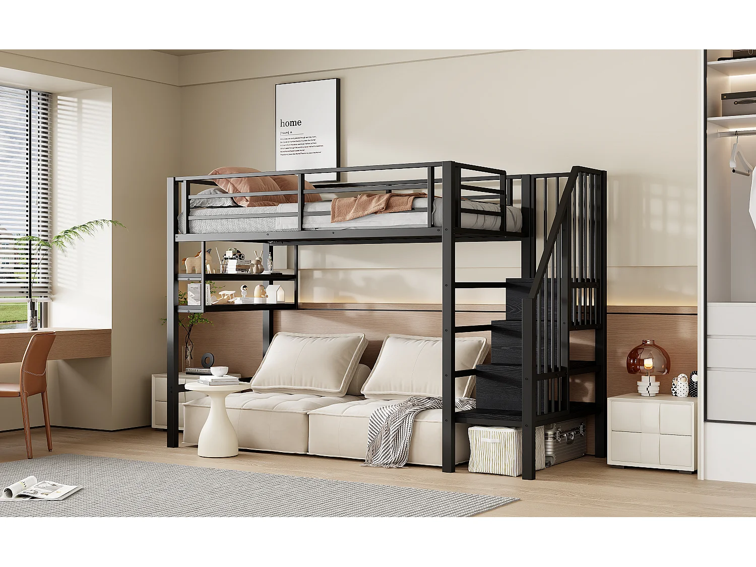 Lit mezzanine 90x200 cm en bois, avec étagères, échelle de rangement, espace libre dessous, garde-corps, noir