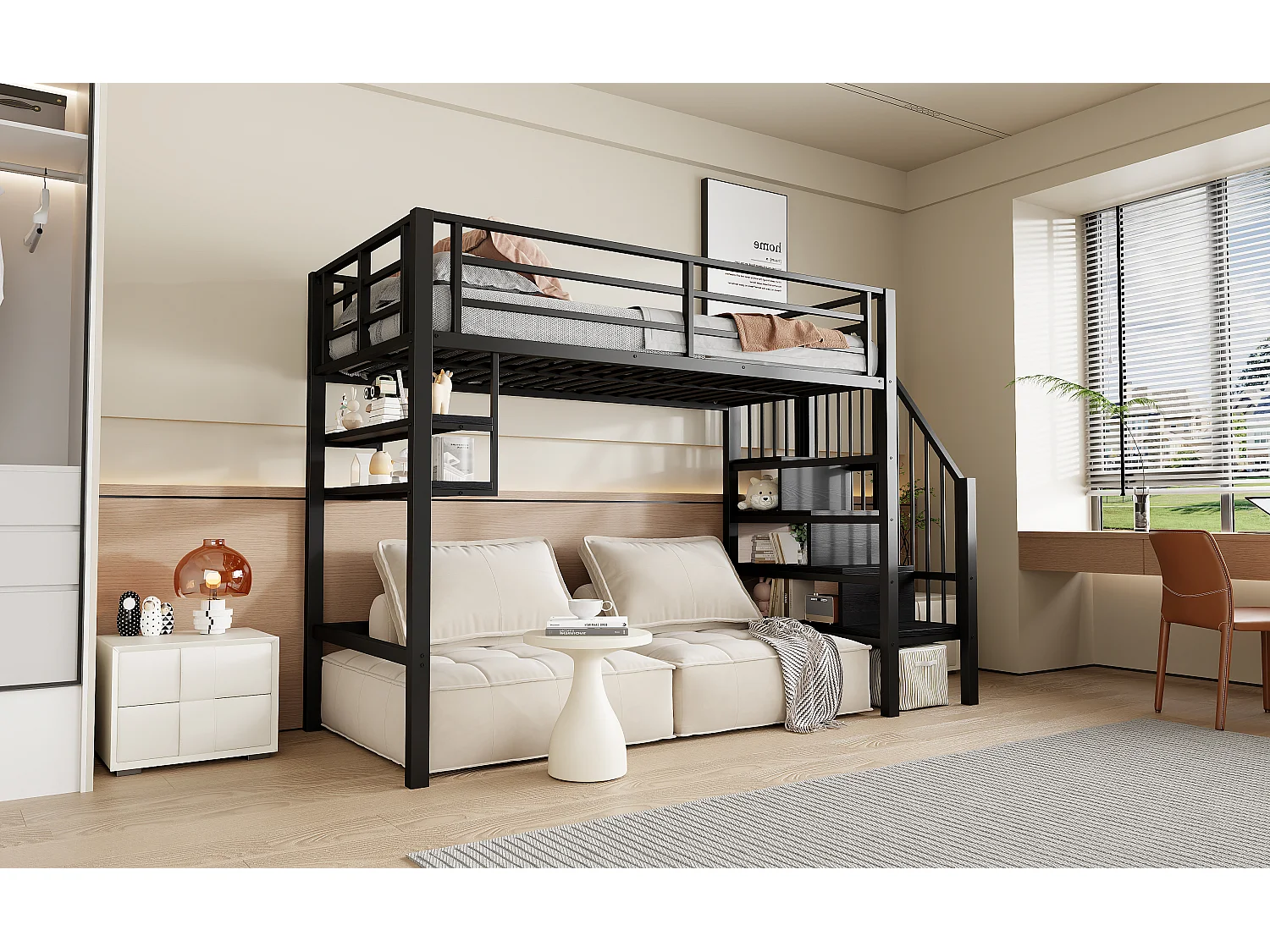 Lit mezzanine 90x200 cm en bois, avec étagères, échelle de rangement, espace libre dessous, garde-corps, noir