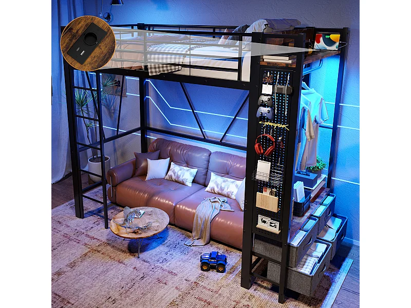 Lit mezzanine 90x200 cm, cadre en métal avec barre de séchage, étagères, 4 tiroirs, prise USB + Type-C, LED, échelle, sans matelas, Noir