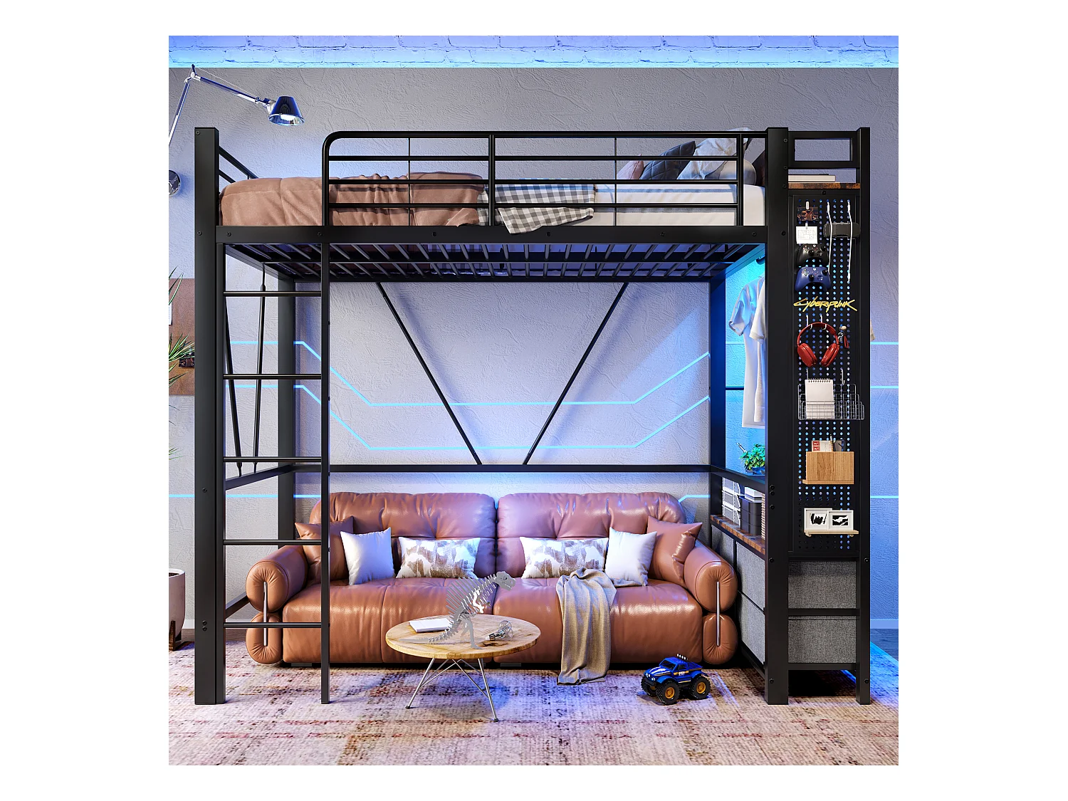 Lit mezzanine 90x200 cm, cadre en métal avec barre de séchage, étagères, 4 tiroirs, prise USB + Type-C, LED, échelle, sans matelas, Noir