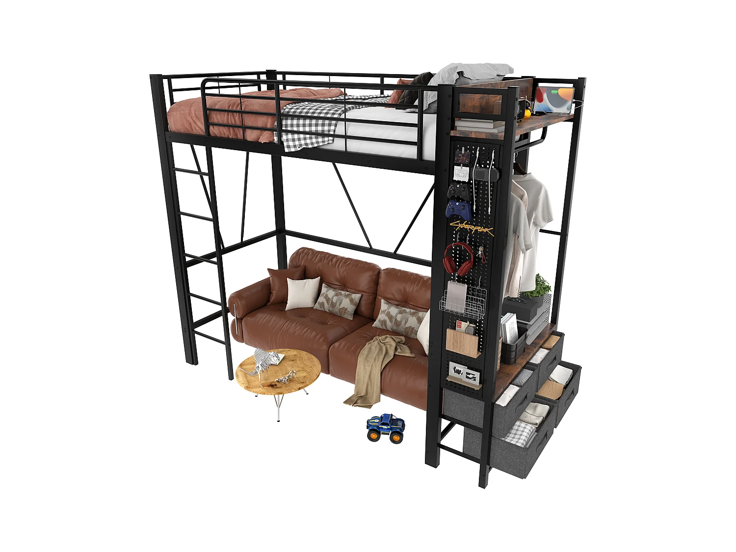 Lit mezzanine 90x200 cm, cadre en métal avec barre de séchage, étagères, 4 tiroirs, prise USB + Type-C, LED, échelle, sans matelas, Noir