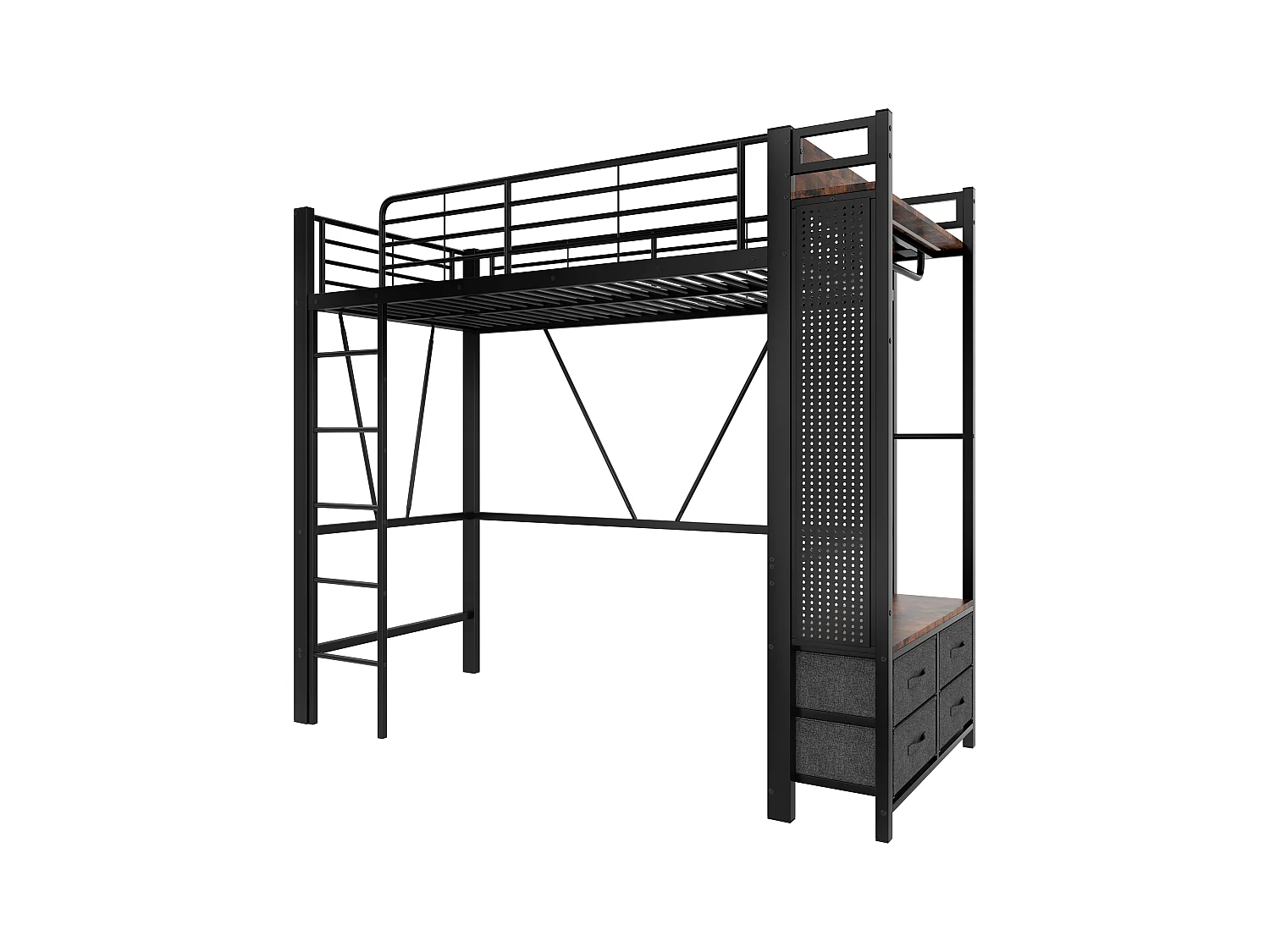 Lit mezzanine 90x200 cm, cadre en métal avec barre de séchage, étagères, 4 tiroirs, prise USB + Type-C, LED, échelle, sans matelas, Noir
