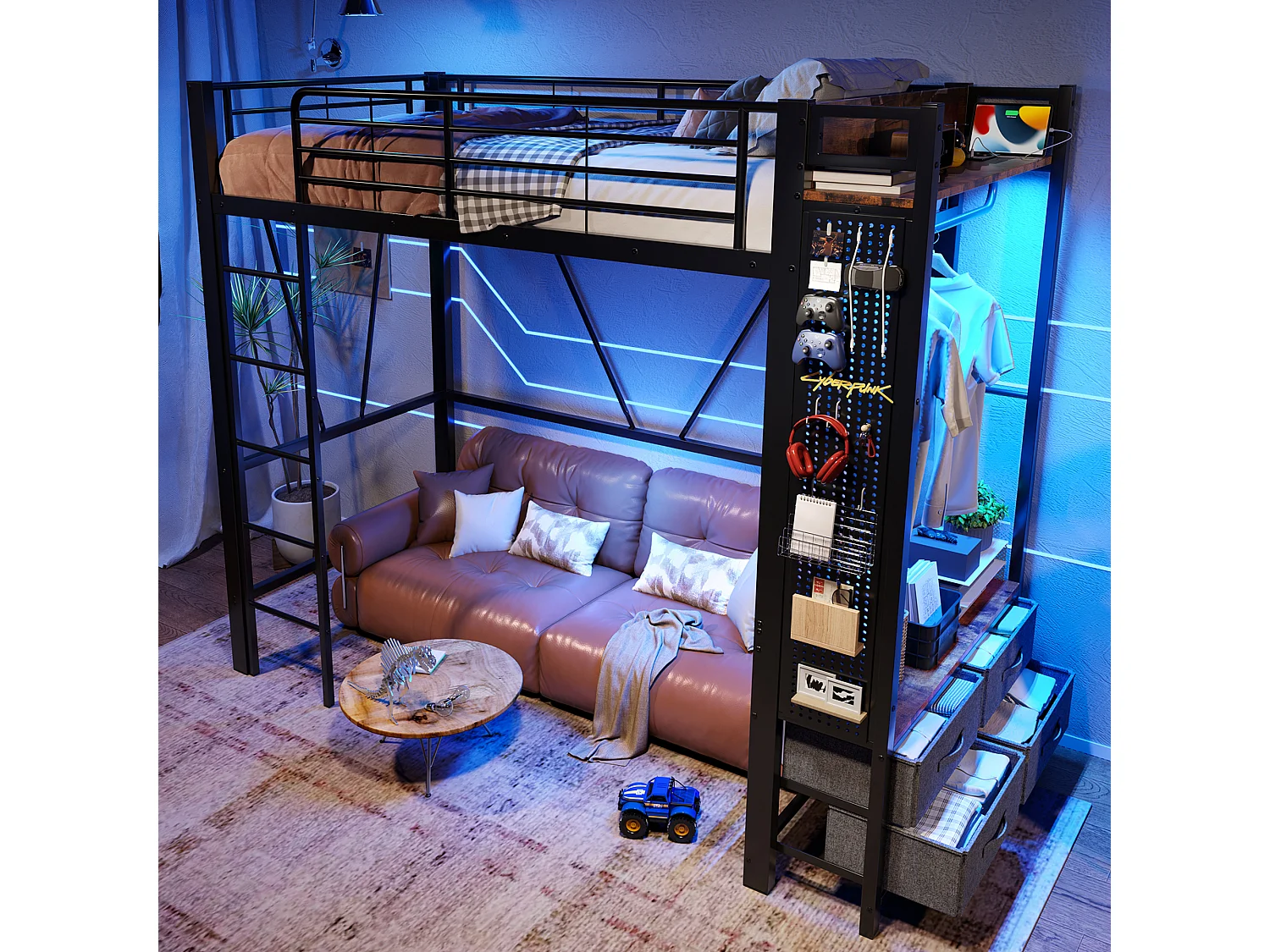 Lit mezzanine 90x200 cm, cadre en métal avec barre de séchage, étagères, 4 tiroirs, prise USB + Type-C, LED, échelle, sans matelas, Noir