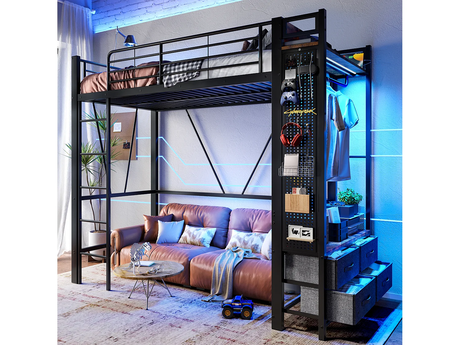 Lit mezzanine 90x200 cm, cadre en métal avec barre de séchage, étagères, 4 tiroirs, prise USB + Type-C, LED, échelle, sans matelas, Noir