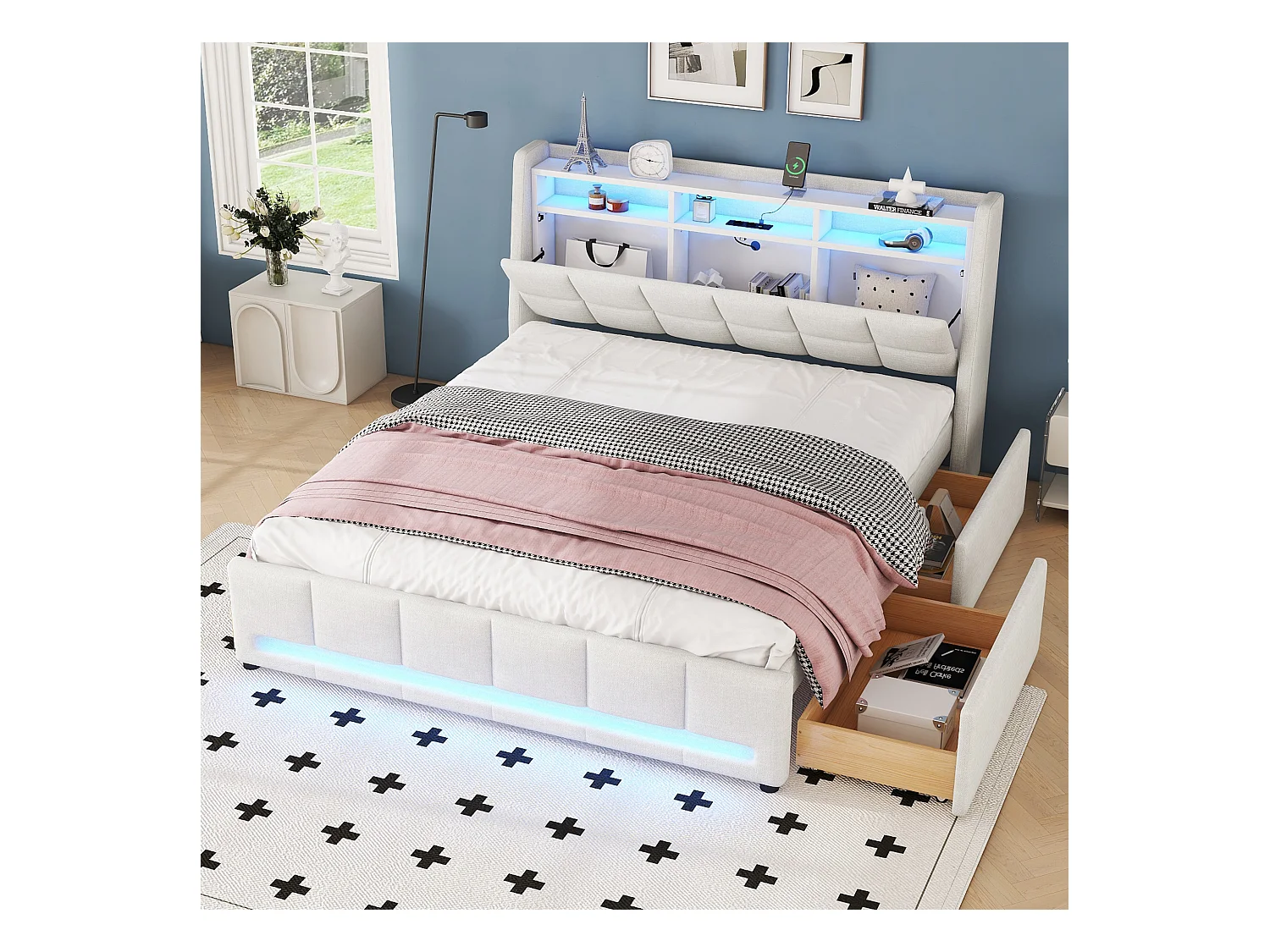 Lit rembourré 160x200 cm beige, en lin, avec LED contrôlées par application, tiroirs, prises USB et rangement intégré