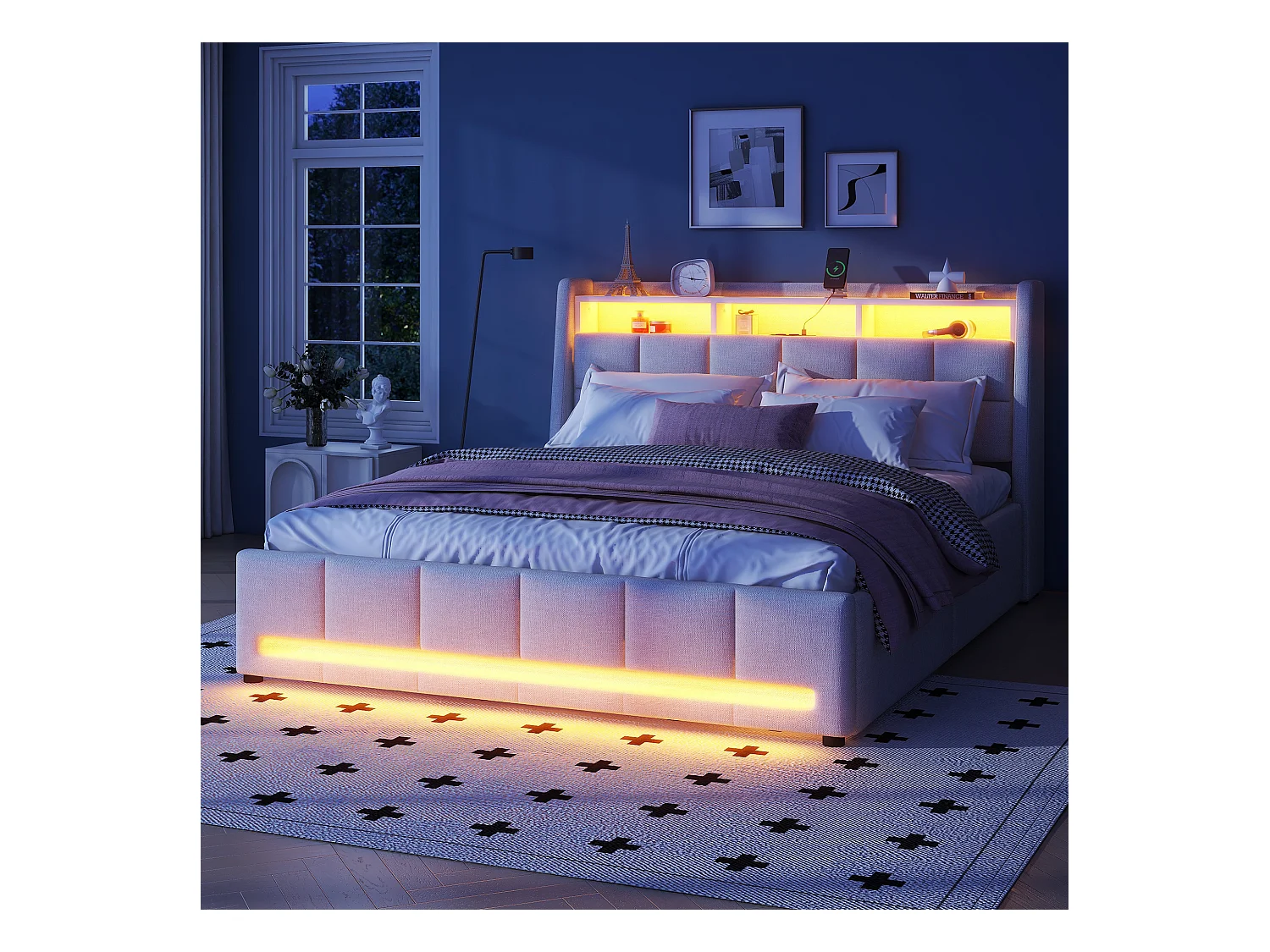 Lit rembourré 160x200 cm beige, en lin, avec LED contrôlées par application, tiroirs, prises USB et rangement intégré