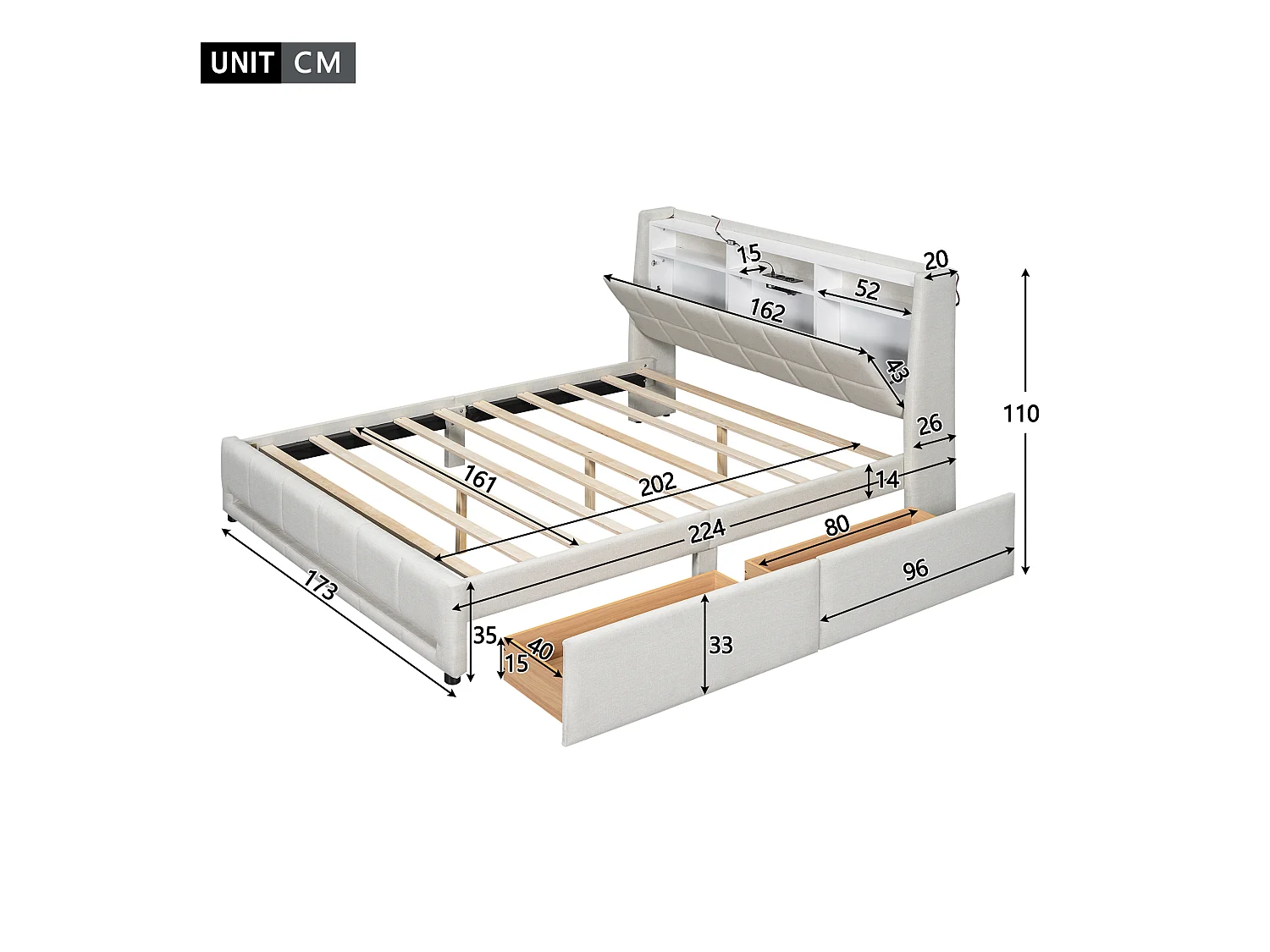 Lit rembourré 160x200 cm beige, en lin, avec LED contrôlées par application, tiroirs, prises USB et rangement intégré
