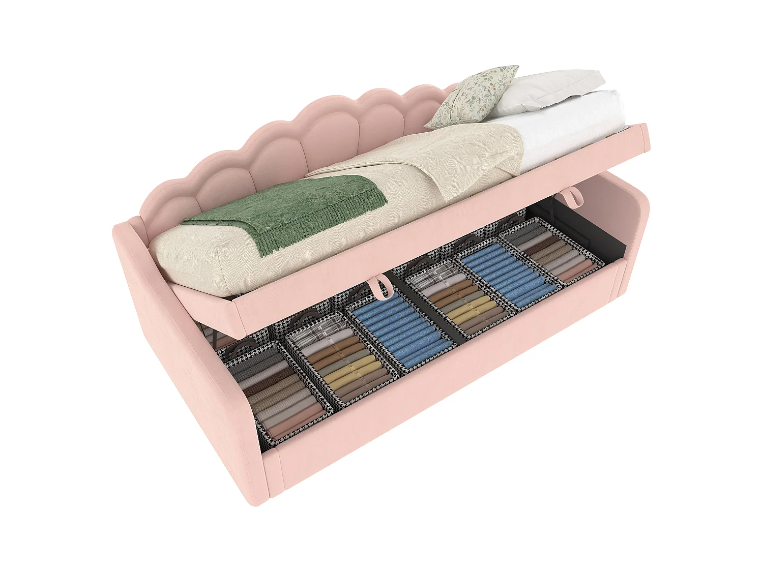 Canapé-lit 90x200 cm en velours, avec rangement, levage hydraulique et bande LED changeante, rose