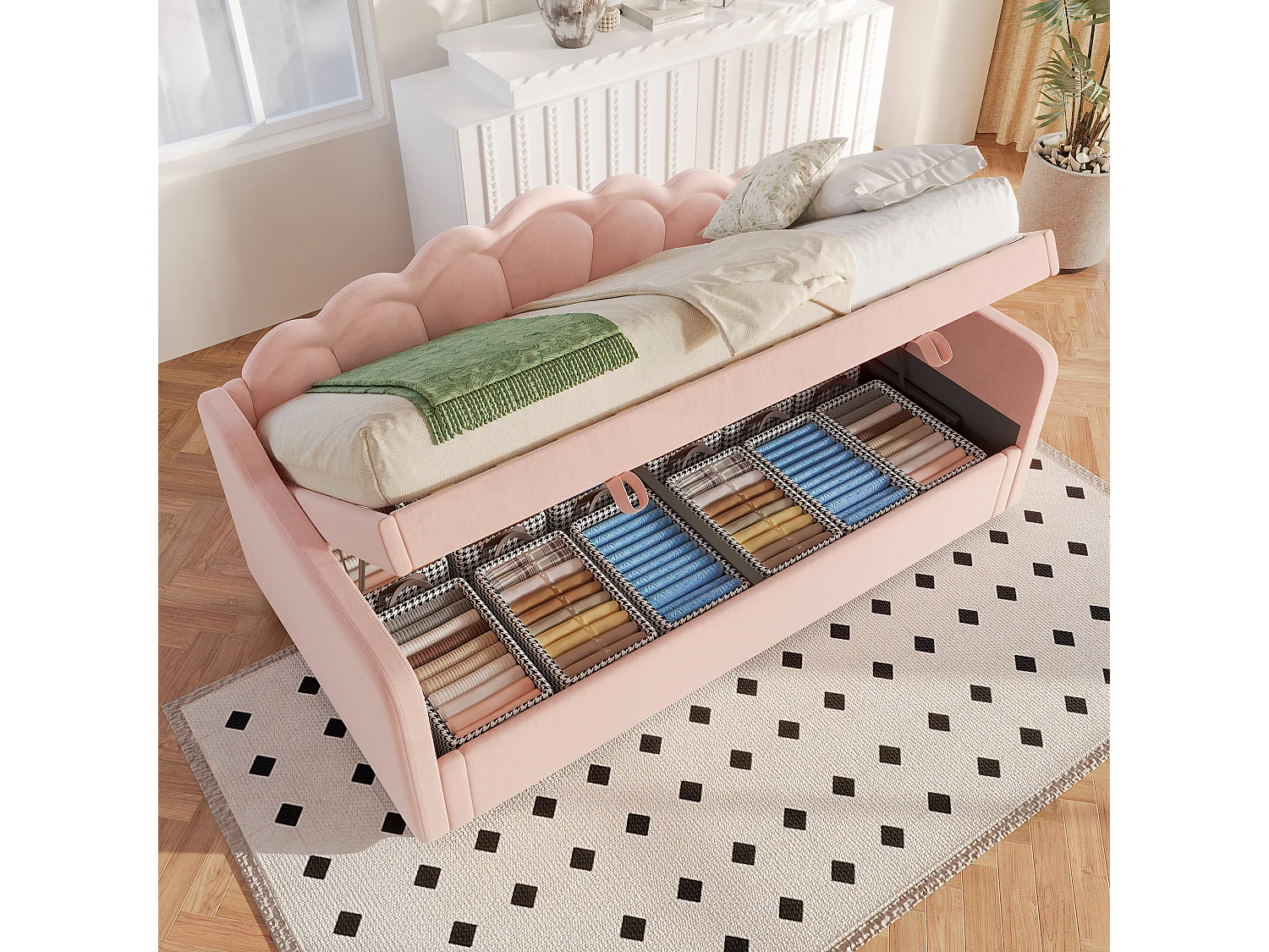 Canapé-lit 90x200 cm en velours, avec rangement, levage hydraulique et bande LED changeante, rose