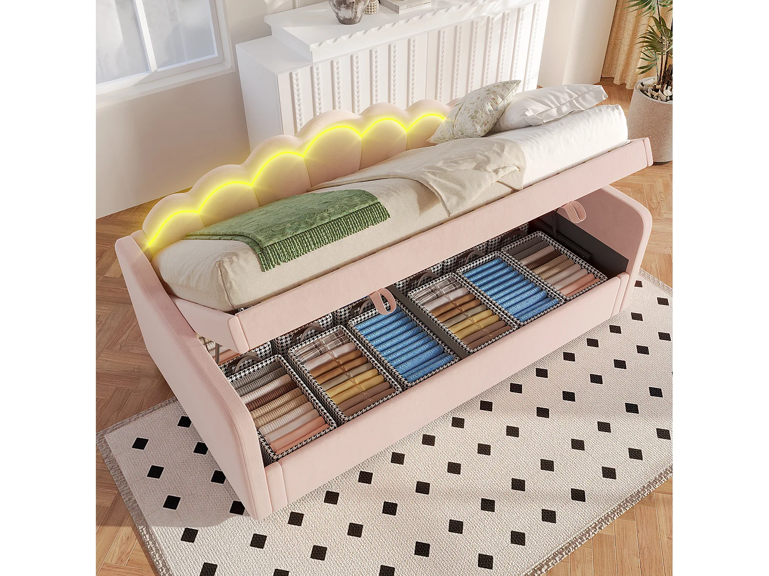 Canapé-lit 90x200 cm en velours, avec rangement, levage hydraulique et bande LED changeante, rose