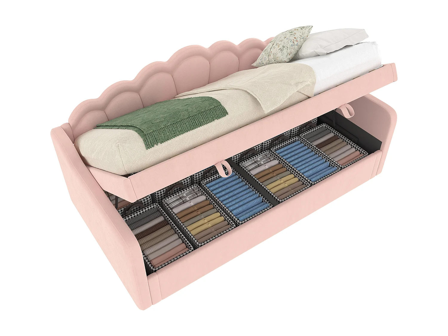 Canapé-lit 90x200 cm en velours, avec rangement, levage hydraulique et bande LED changeante, rose