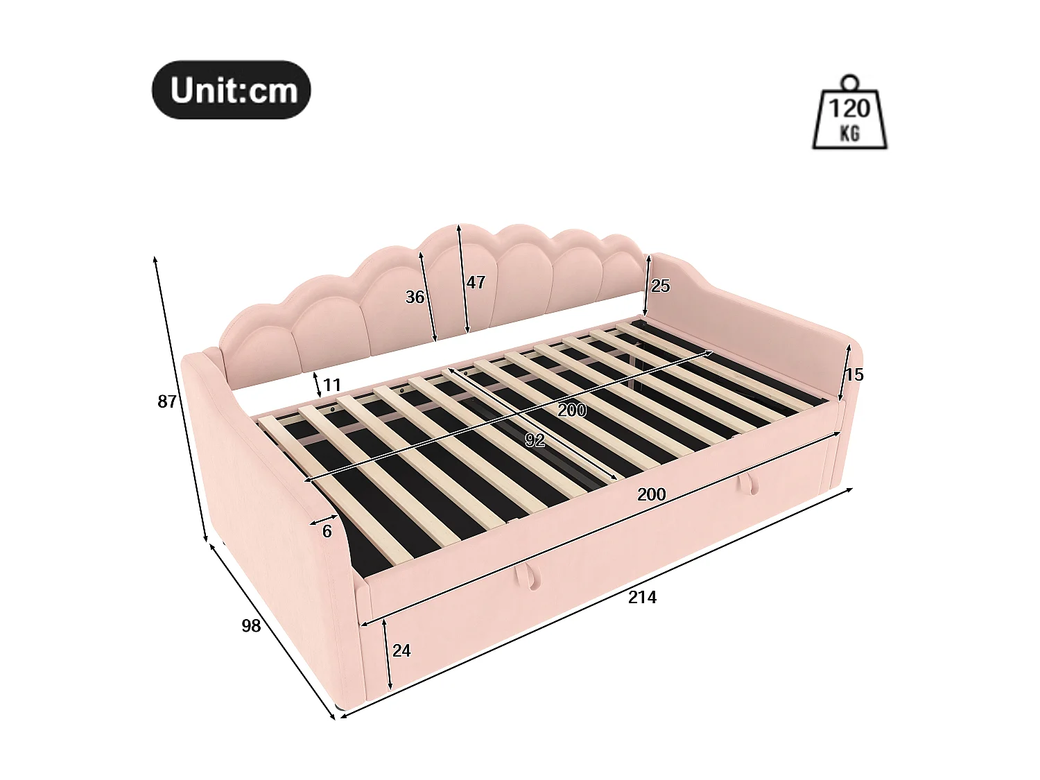 Canapé-lit 90x200 cm en velours, avec rangement, levage hydraulique et bande LED changeante, rose