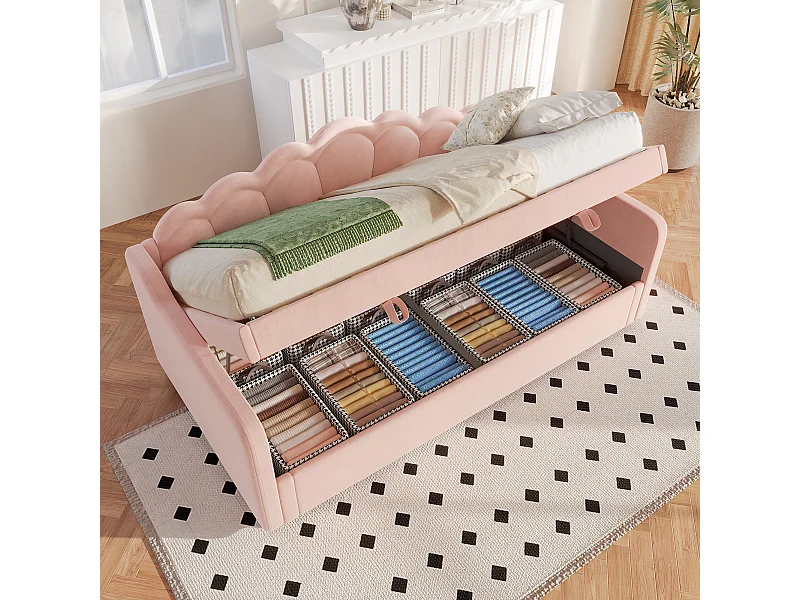 Canapé-lit 90x200 cm en velours, avec rangement, levage hydraulique et bande LED changeante, rose