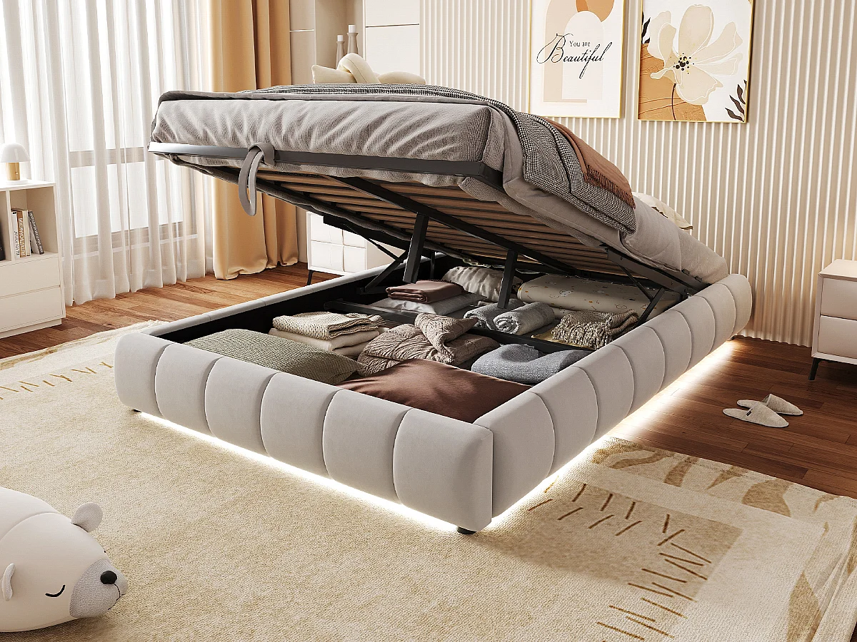 Lit rembourré 140 x 200 cm, sans tête de lit, avec éclairage LED, cadre de lit hydraulique avec rangement, beige