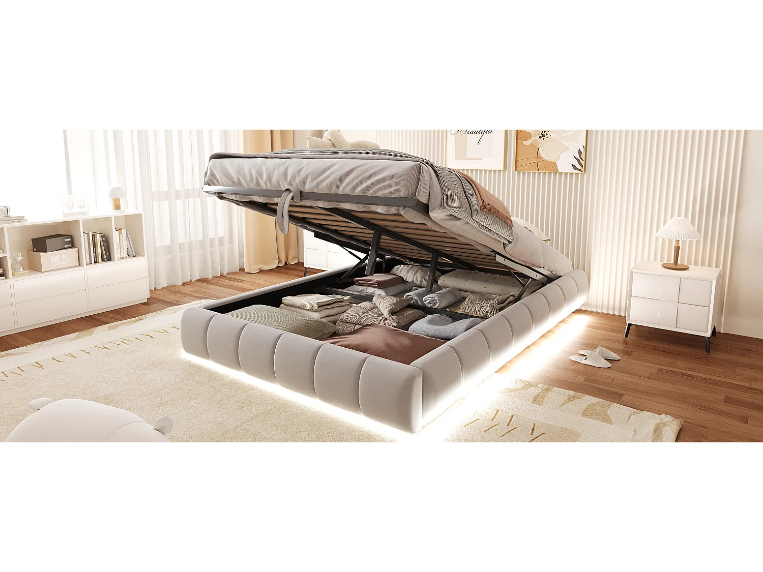 Lit rembourré 140 x 200 cm, sans tête de lit, avec éclairage LED, cadre de lit hydraulique avec rangement, beige