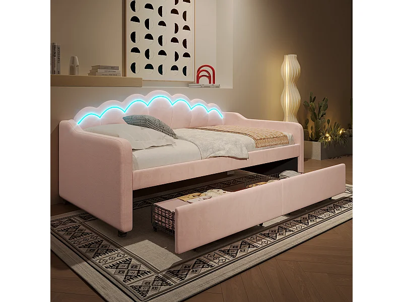 Canapé-lit 90x200 cm en velours, avec tiroirs et bande LED changeante, structure élégante, rose