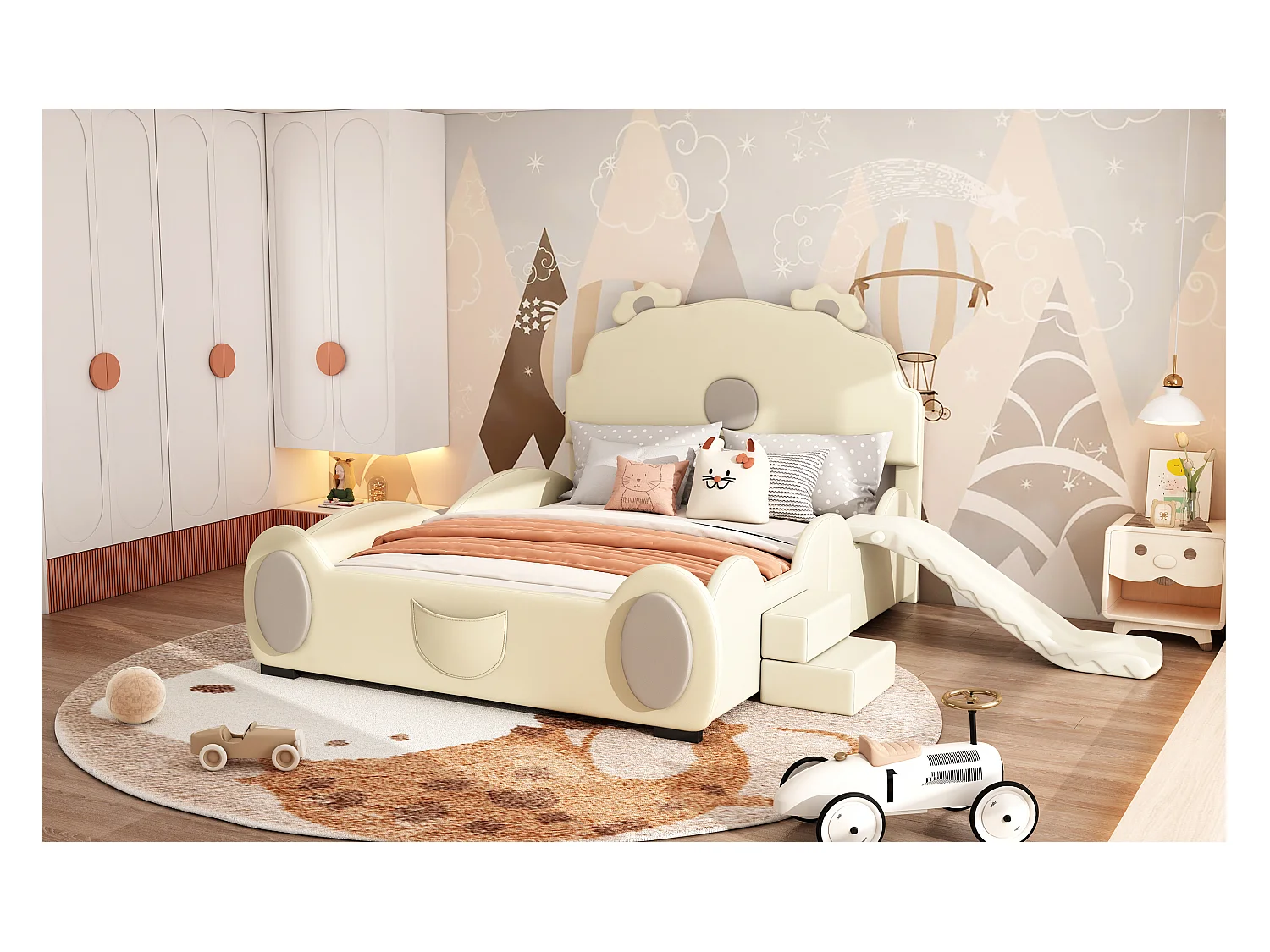 Lit enfant 140x200 cm ours beige, en PU facile à nettoyer, avec toboggan, échelle et forme mignonne, sans matelas