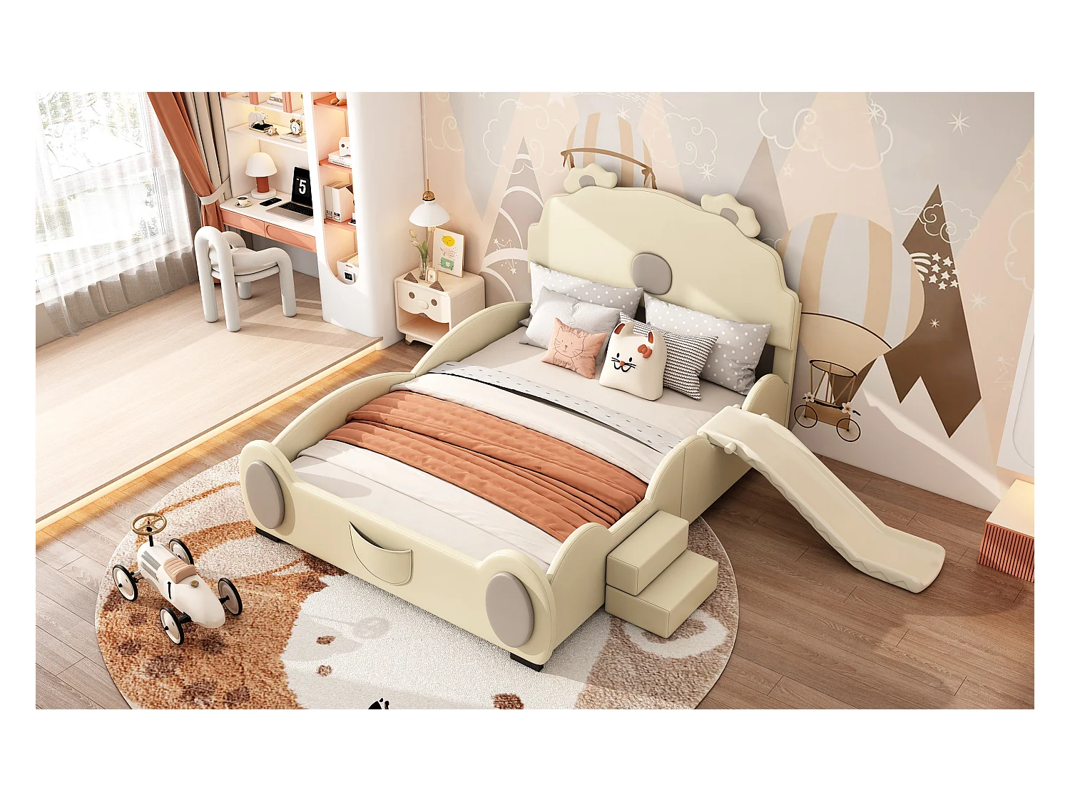 Lit enfant 140x200 cm ours beige, en PU facile à nettoyer, avec toboggan, échelle et forme mignonne, sans matelas