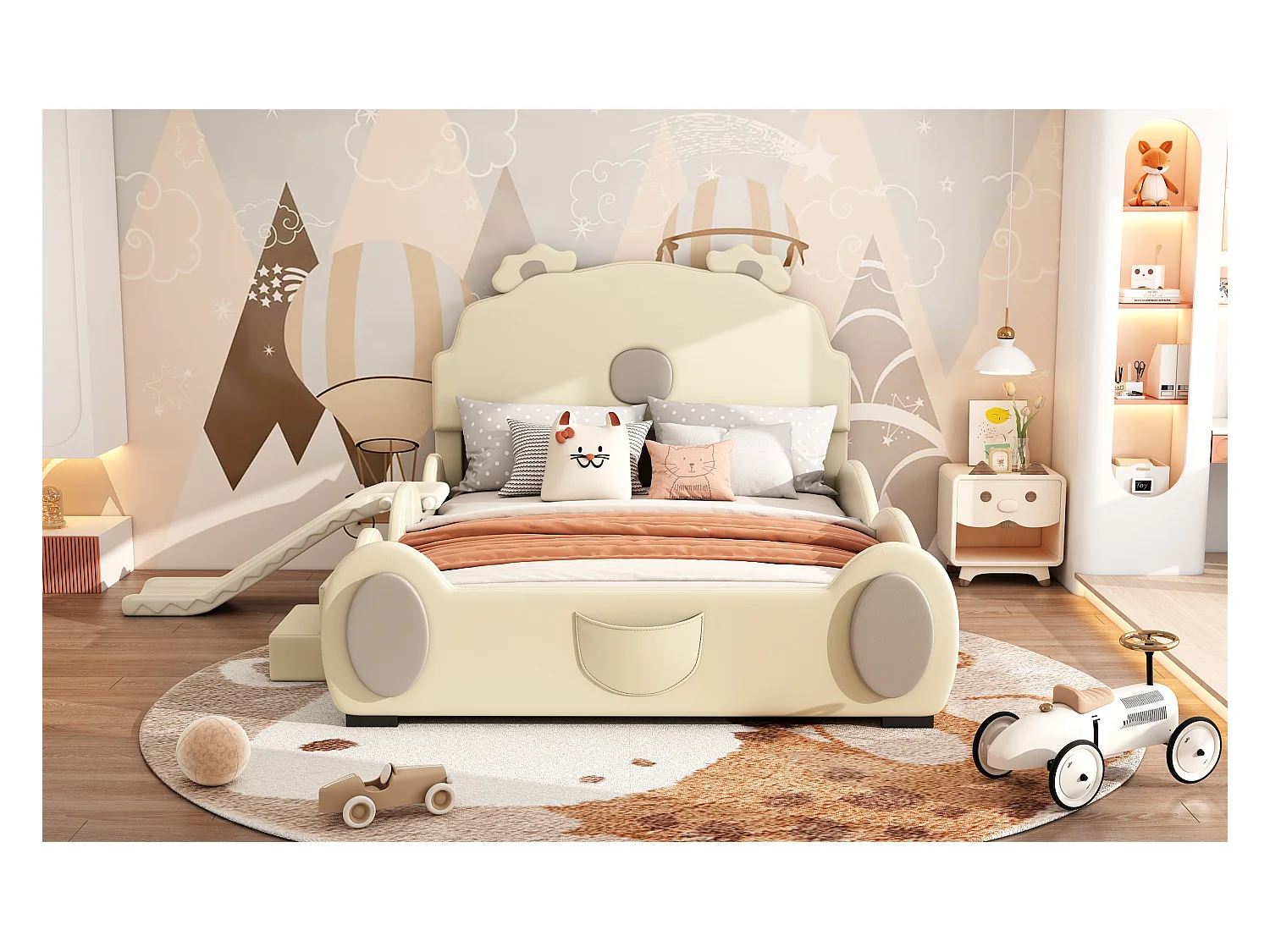 Lit enfant 140x200 cm ours beige, en PU facile à nettoyer, avec toboggan, échelle et forme mignonne, sans matelas