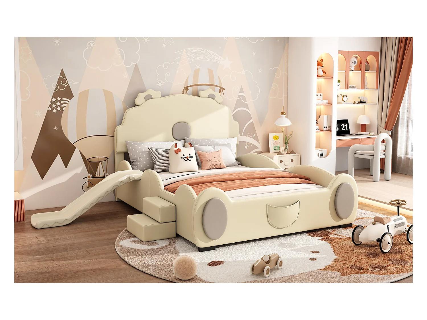 Lit enfant 140x200 cm ours beige, en PU facile à nettoyer, avec toboggan, échelle et forme mignonne, sans matelas