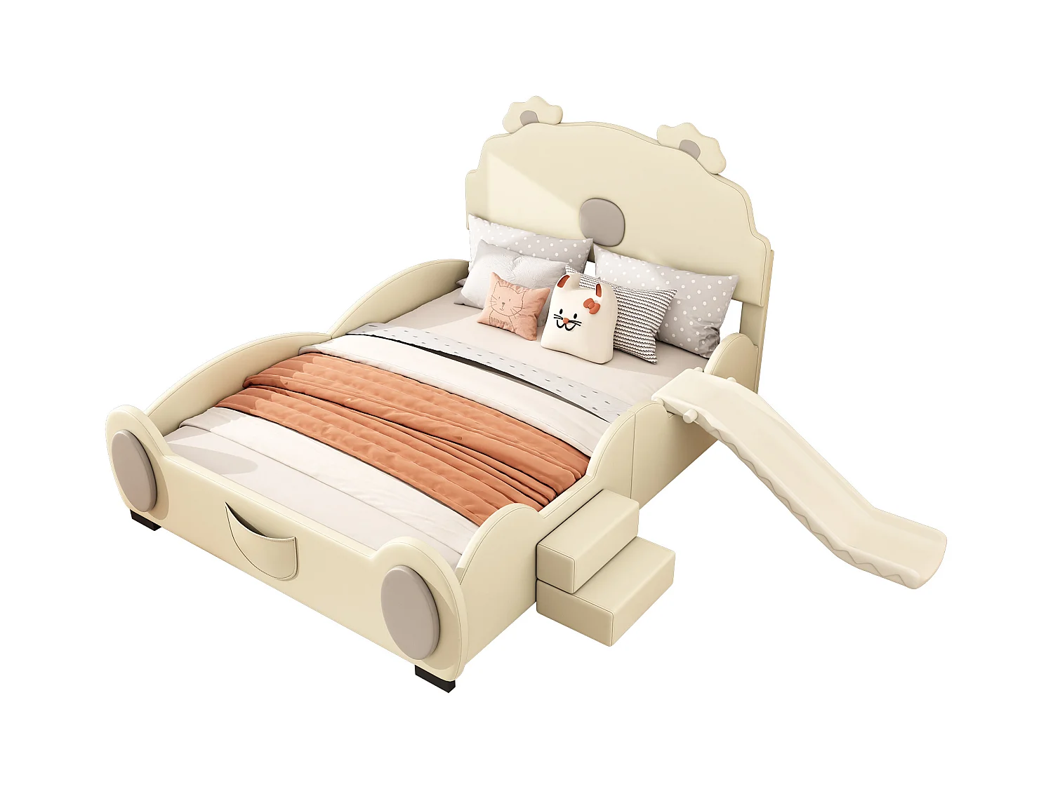 Lit enfant 140x200 cm ours beige, en PU facile à nettoyer, avec toboggan, échelle et forme mignonne, sans matelas