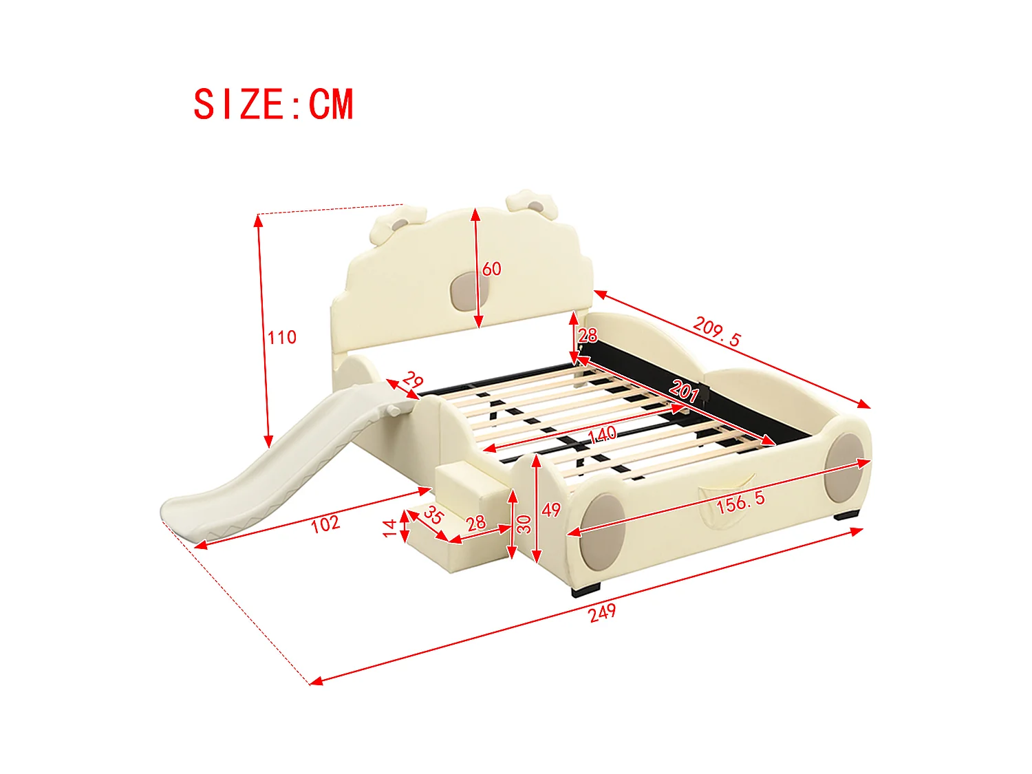 Lit enfant 140x200 cm ours beige, en PU facile à nettoyer, avec toboggan, échelle et forme mignonne, sans matelas