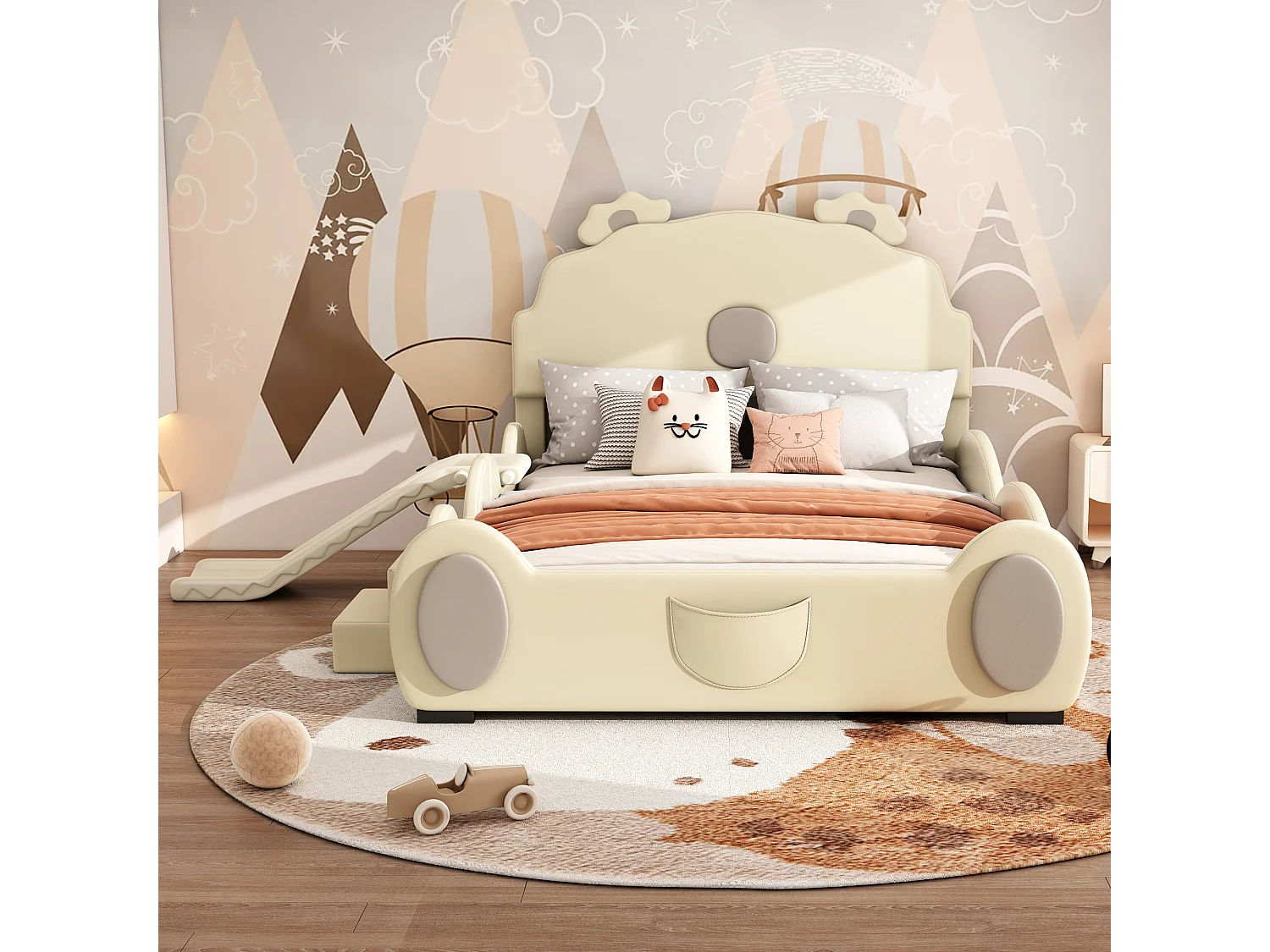 Lit enfant 140x200 cm ours beige, en PU facile à nettoyer, avec toboggan, échelle et forme mignonne, sans matelas