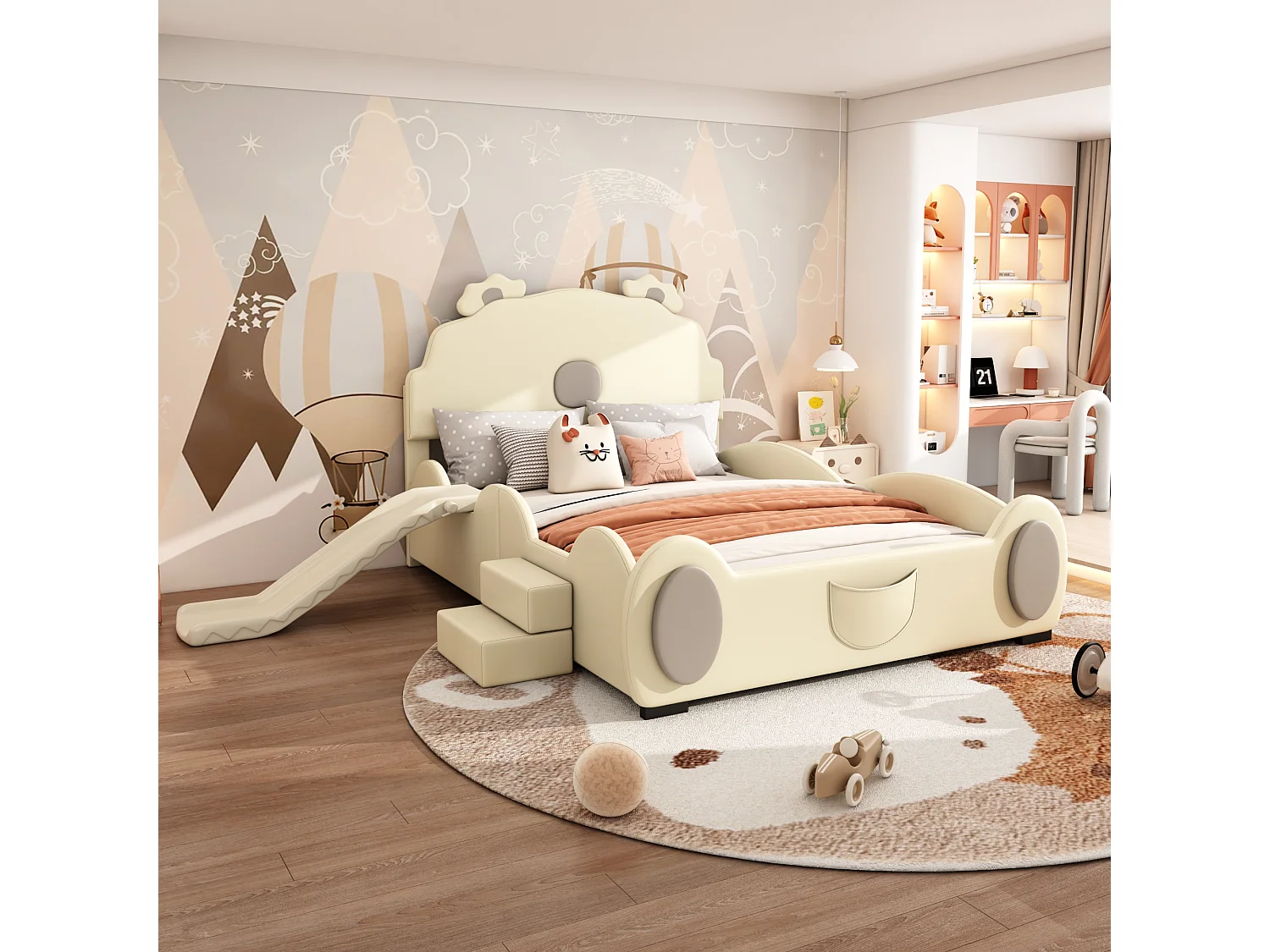 Lit enfant 140x200 cm ours beige, en PU facile à nettoyer, avec toboggan, échelle et forme mignonne, sans matelas
