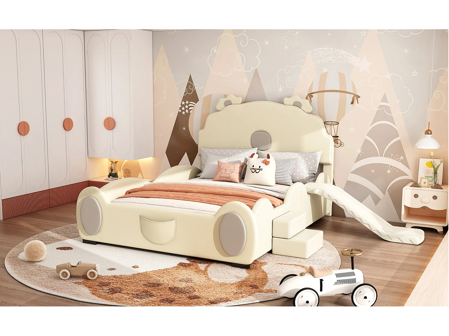 Lit enfant 140x200 cm ours beige, en PU facile à nettoyer, avec toboggan, échelle et forme mignonne, sans matelas