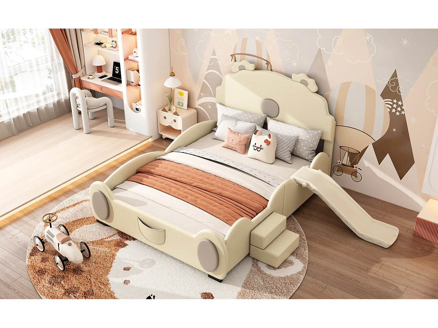 Lit enfant 140x200 cm ours beige, en PU facile à nettoyer, avec toboggan, échelle et forme mignonne, sans matelas