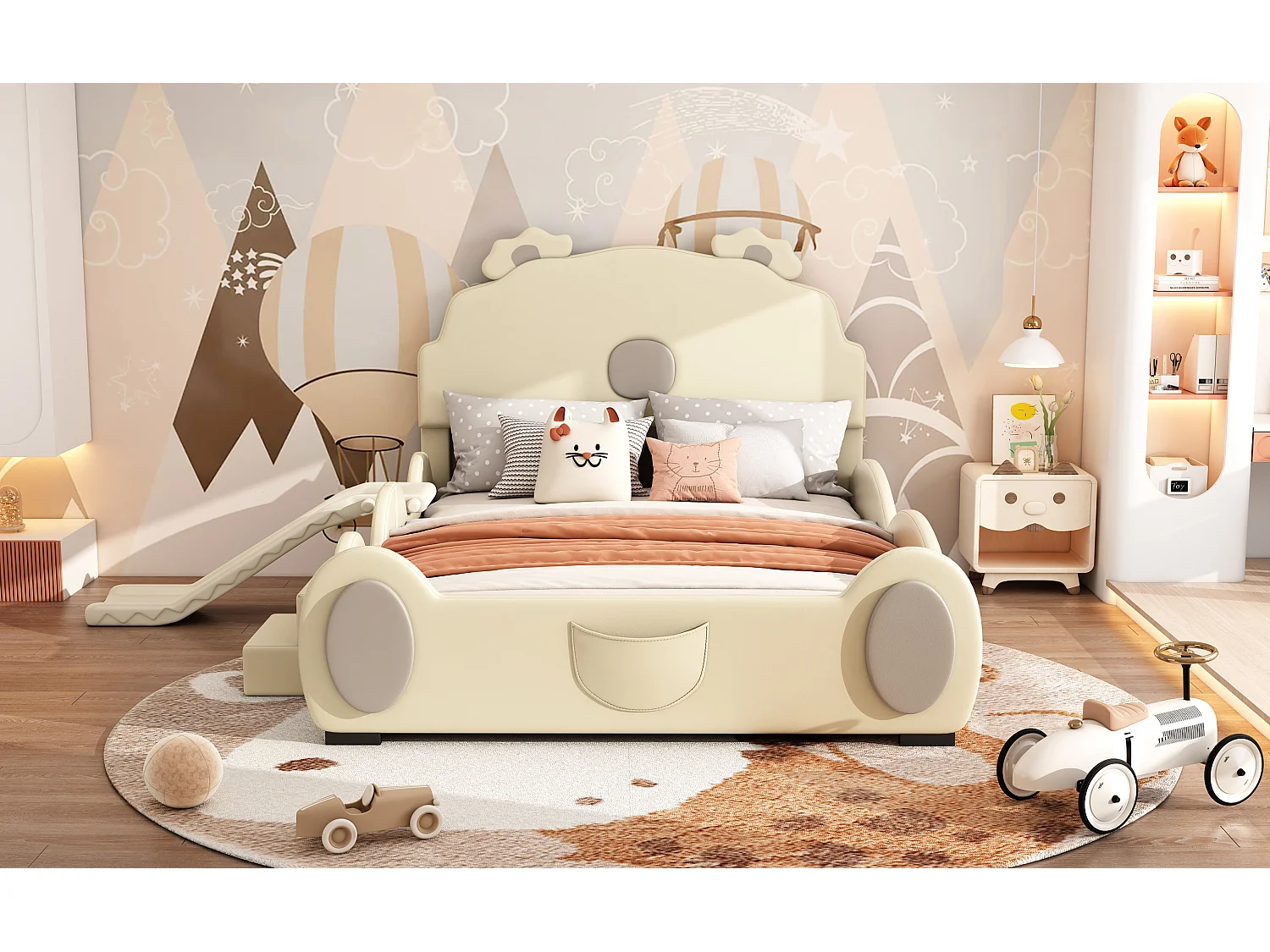 Lit enfant 140x200 cm ours beige, en PU facile à nettoyer, avec toboggan, échelle et forme mignonne, sans matelas