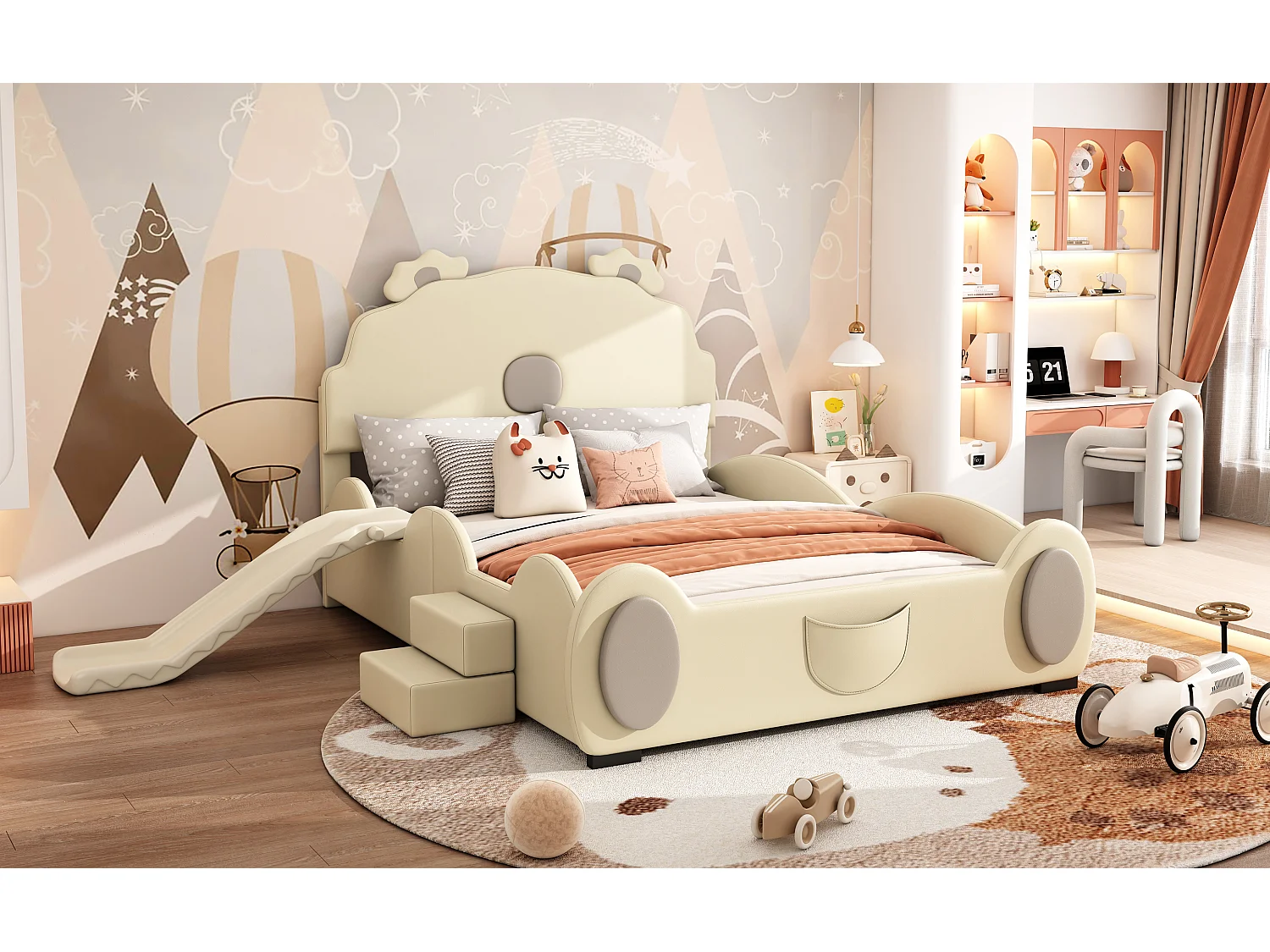 Lit enfant 140x200 cm ours beige, en PU facile à nettoyer, avec toboggan, échelle et forme mignonne, sans matelas