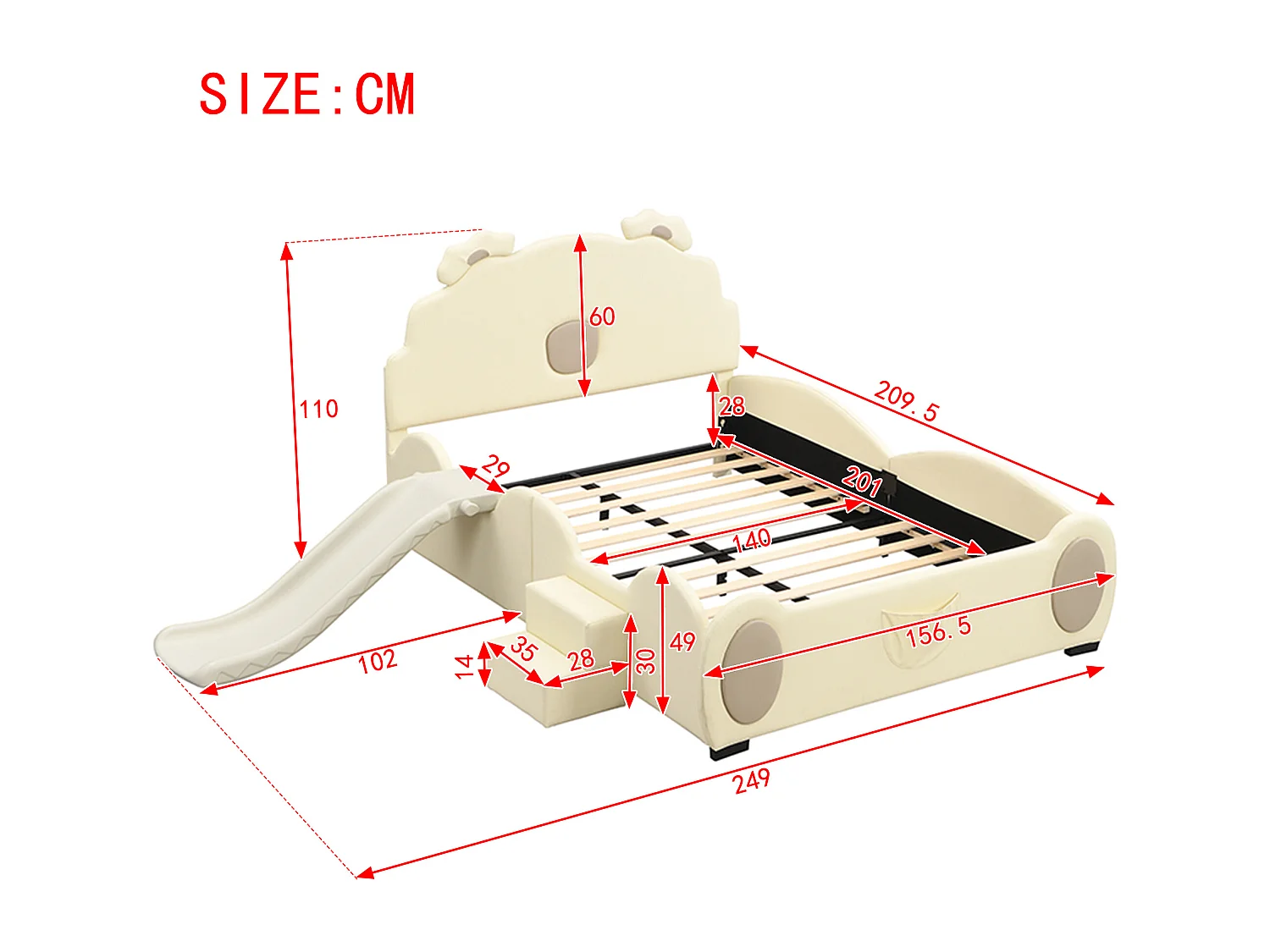 Lit enfant 140x200 cm ours beige, en PU facile à nettoyer, avec toboggan, échelle et forme mignonne, sans matelas