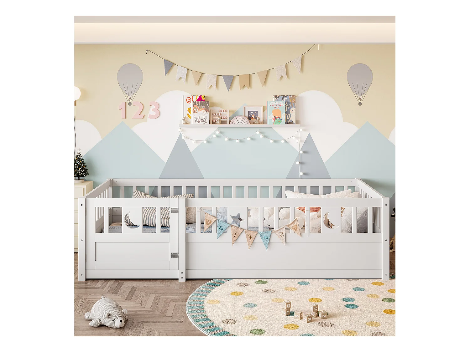 Lit enfant 90x190 cm avec barreaux, décor étoile et lune, sans matelas, style minimaliste, Blanc