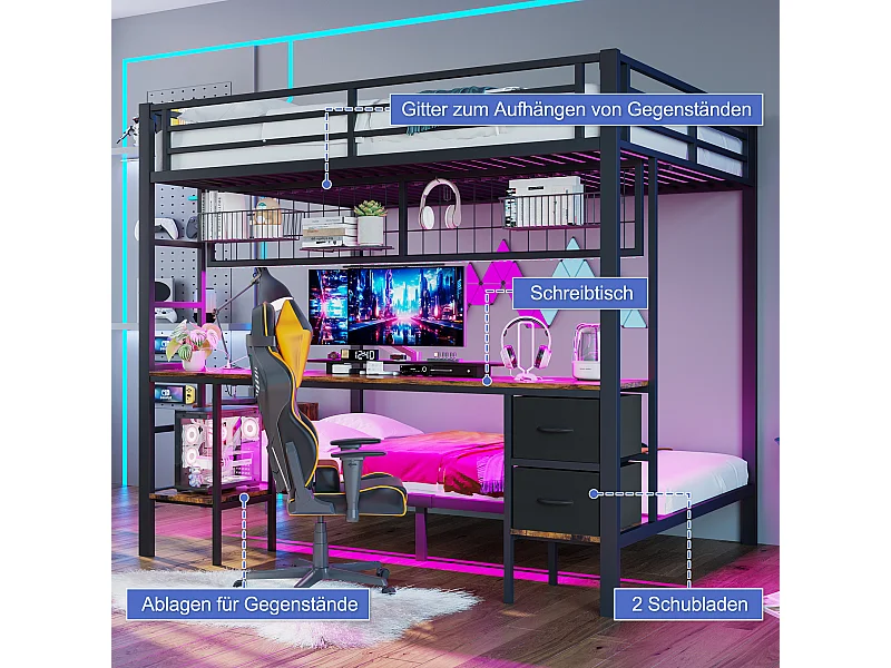 Lit mezzanine 90x200 et 140x200 cm, cadre en métal, tiroirs, étagères, porte-objets, bureau, LED 7 couleurs, USB, sans matelas, Noir